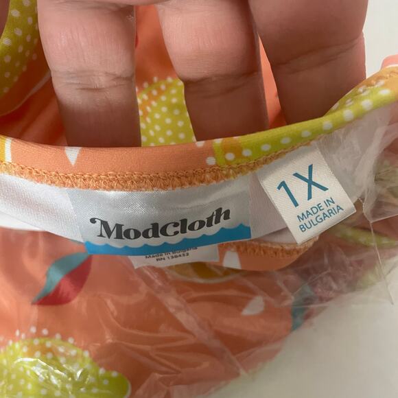 ModCloth Plus 1X The Siena One-Piece Swimsuit Pink Yellow Fruit Print Bow Front - Picture 10 of 10